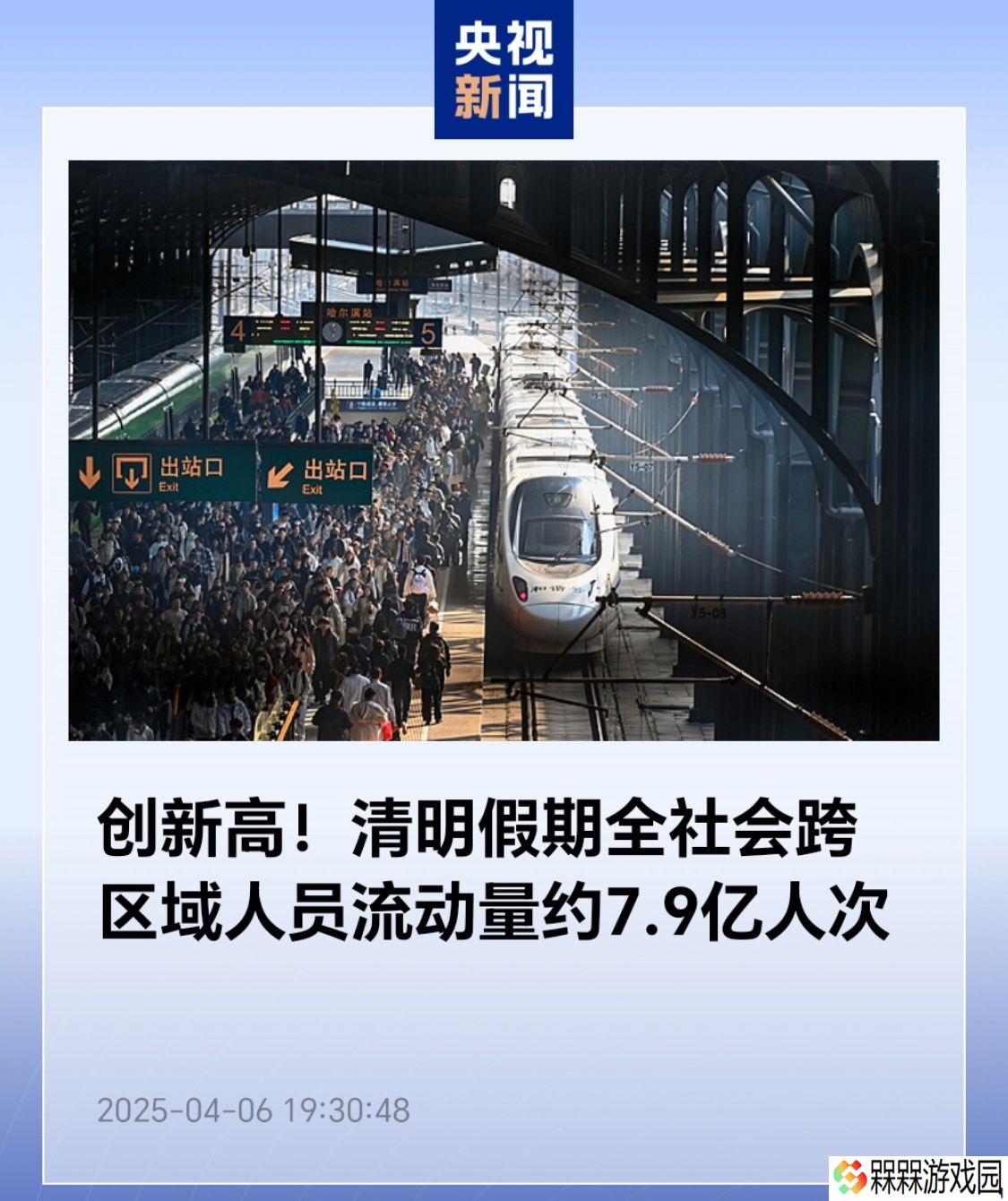 创新高：清明假期全社会跨区域人员流动量约 7.9 亿人次