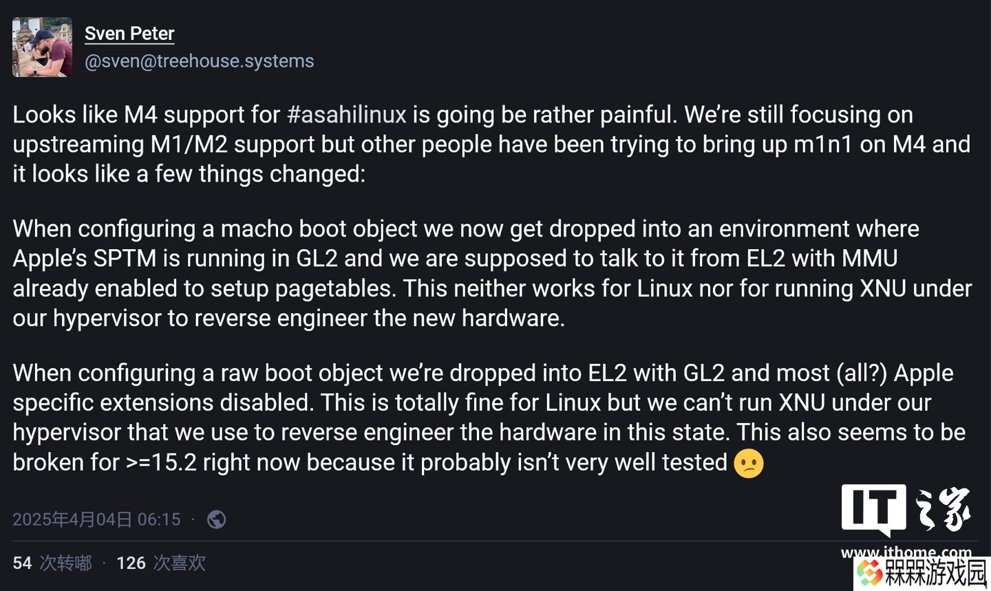 Asahi Linux 项目遇阻：M4 Mac 支持进展缓慢