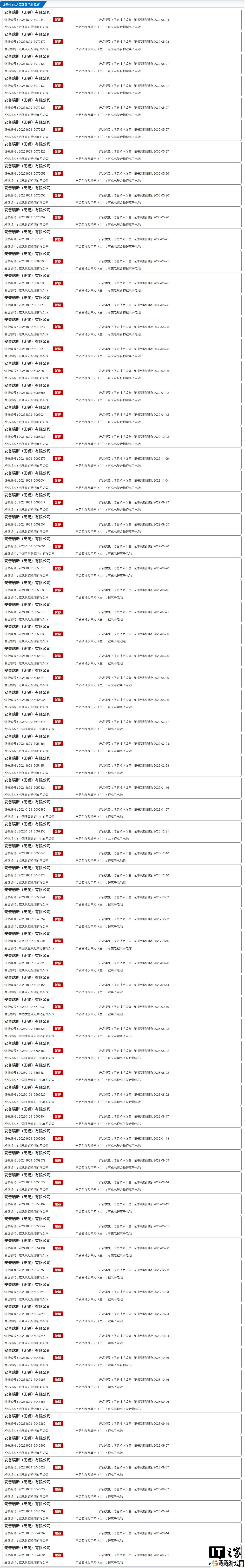 充电宝电芯供应商安普瑞斯（无锡）的所有电池 3C 证书被暂停或撤销