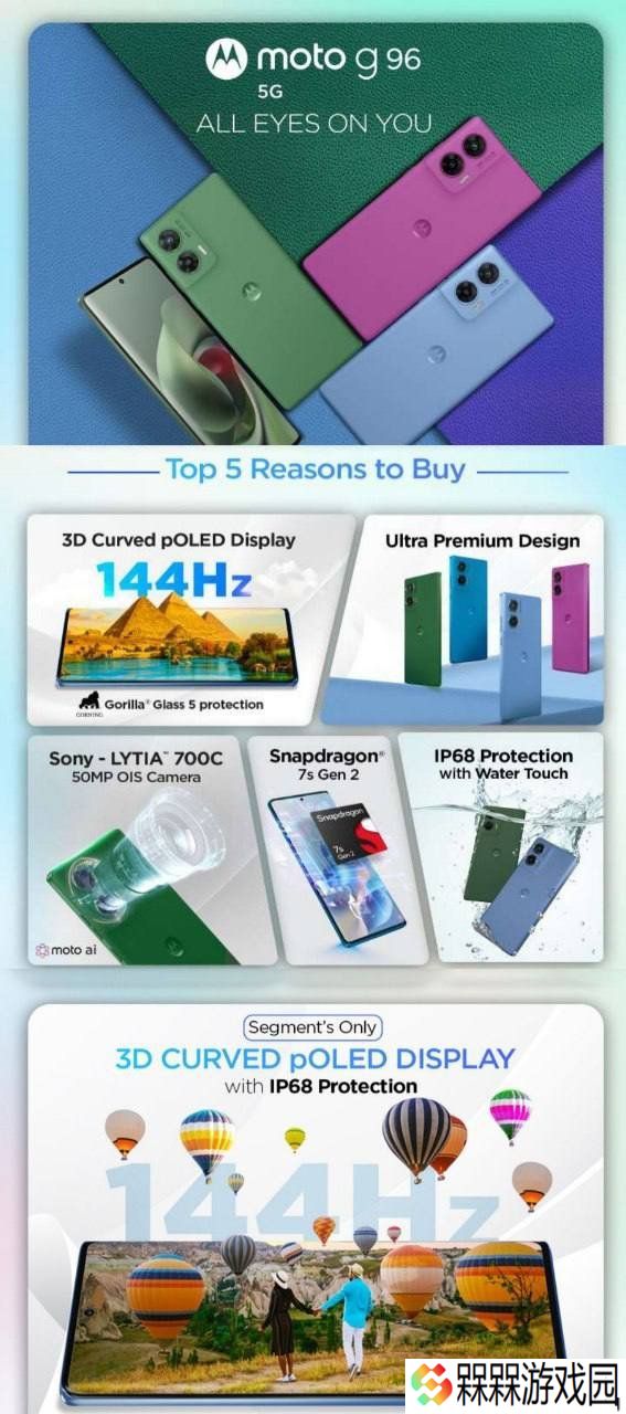摩托罗拉 Moto G96 5G 手机宣传图曝光：144Hz 曲面 pOLED 屏幕、IP68 防水、骁龙 7s Gen 2 芯片