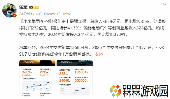 雷军：史上最强年报！小米集团2024年净利润同比增长41.3%
